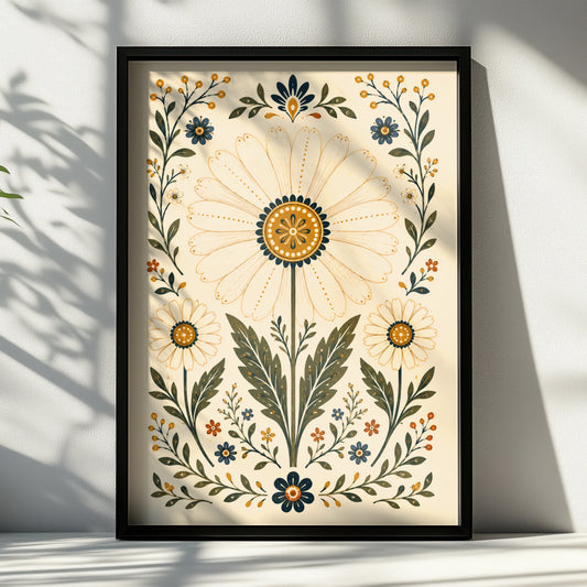 Folk Daisy Floral Poster, Botanical Wall Art, Scandinavian Folk Art Print, Vintage Boho Decor
