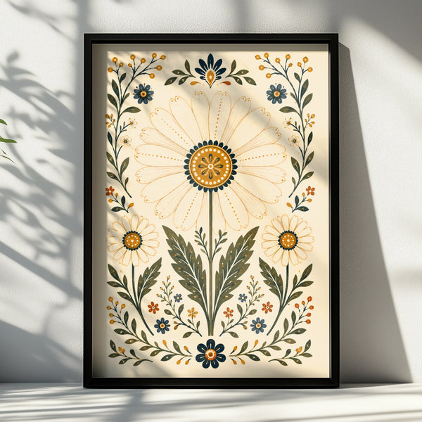 Folk Daisy Floral Poster, Botanical Wall Art, Scandinavian Folk Art Print, Vintage Boho Decor