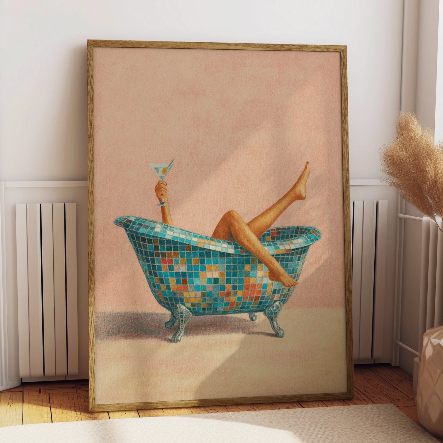 Retro disco bath poster with mosaic clawfoot tub, raised martini and pink background