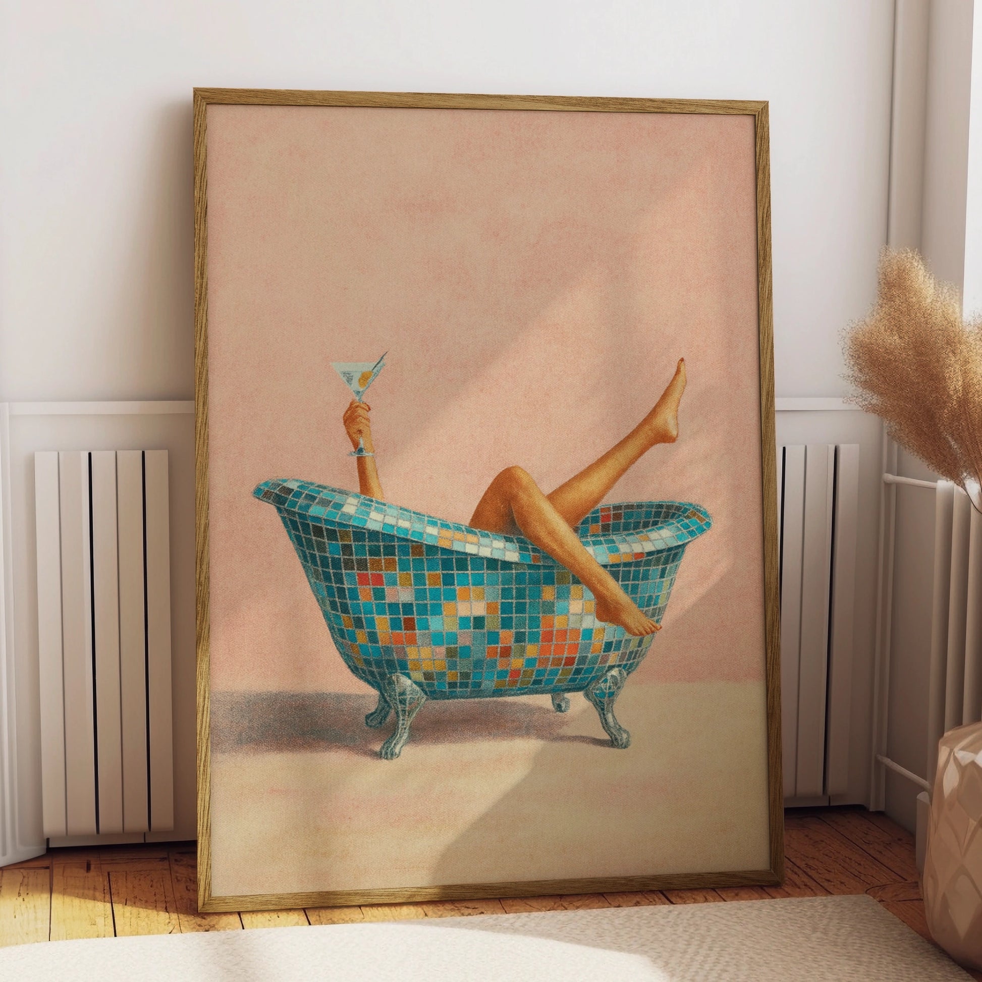 Retro disco bath poster with mosaic clawfoot tub, raised martini and pink background