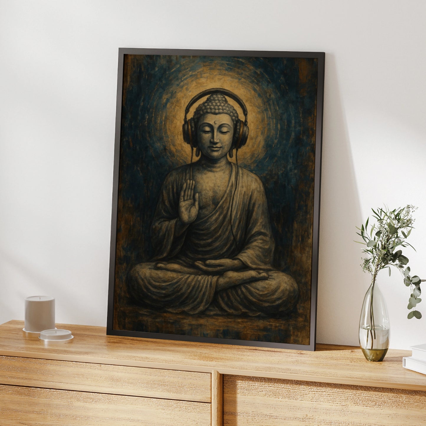 Buddha Headphones Poster, Meditation Wall Art, Spiritual Music Print, Blue Gold Decor