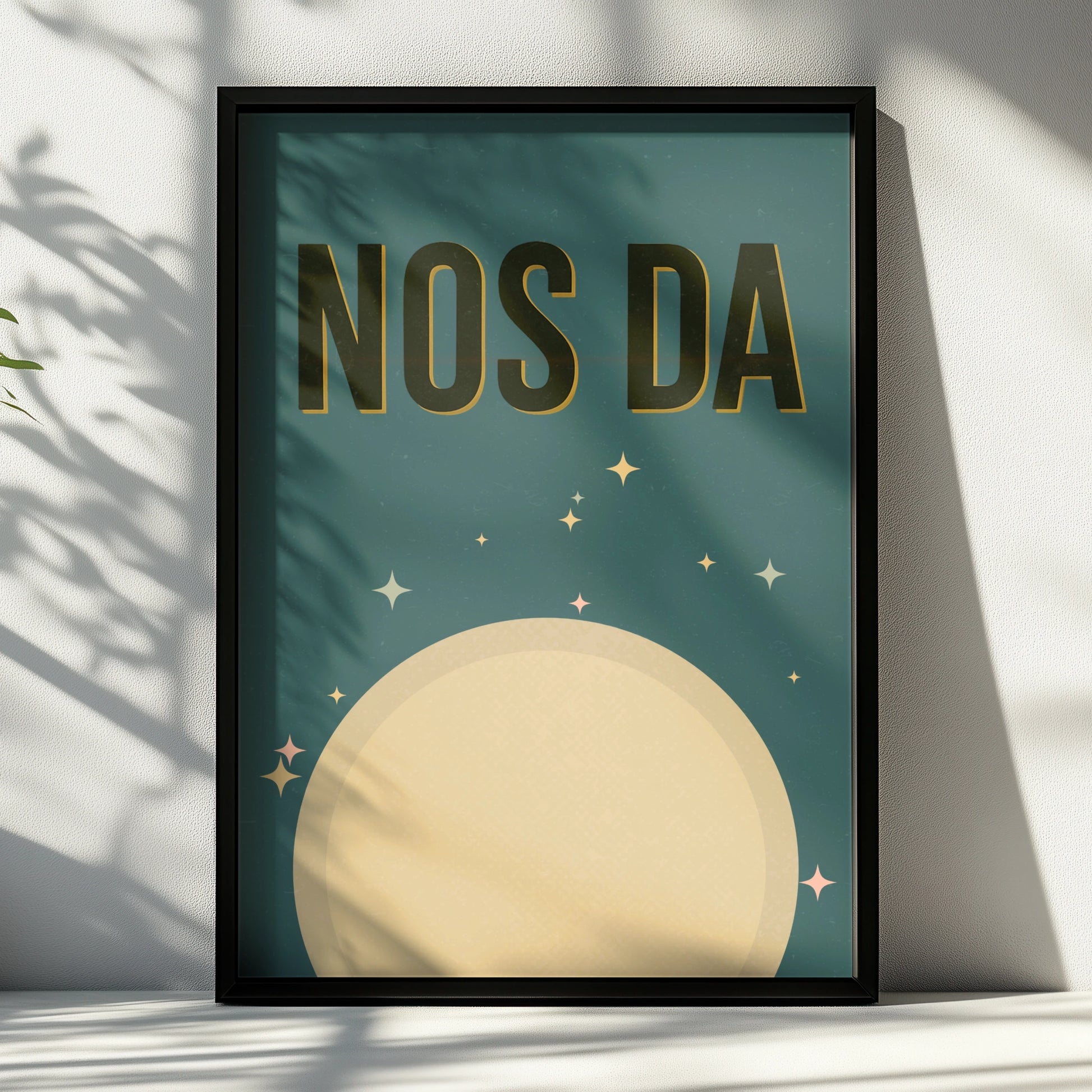 Nos Da Welsh Goodnight Poster, Wales Moon Print, Retro Teal Nursery Wall Art