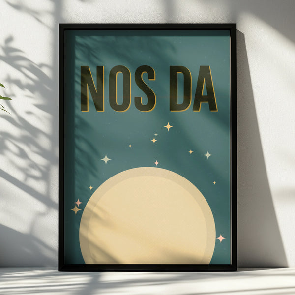 Nos Da Welsh Goodnight Poster, Wales Moon Print, Retro Teal Nursery Wall Art
