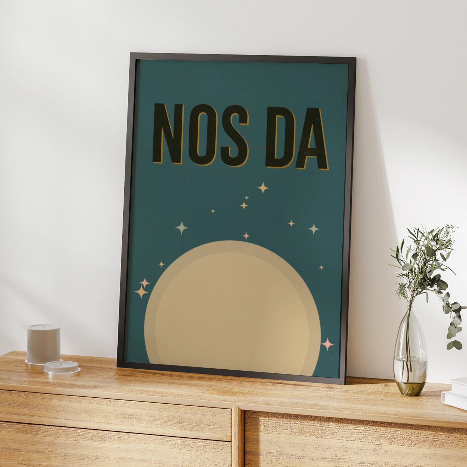 Nos Da Welsh Goodnight Poster, Wales Moon Print, Retro Teal Nursery Wall Art