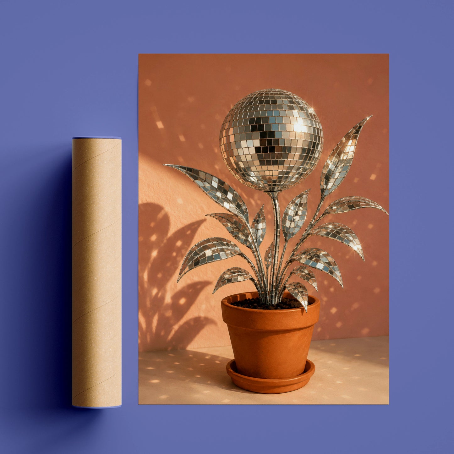 Silver disco ball plant in a terracotta pot against a warm pink background