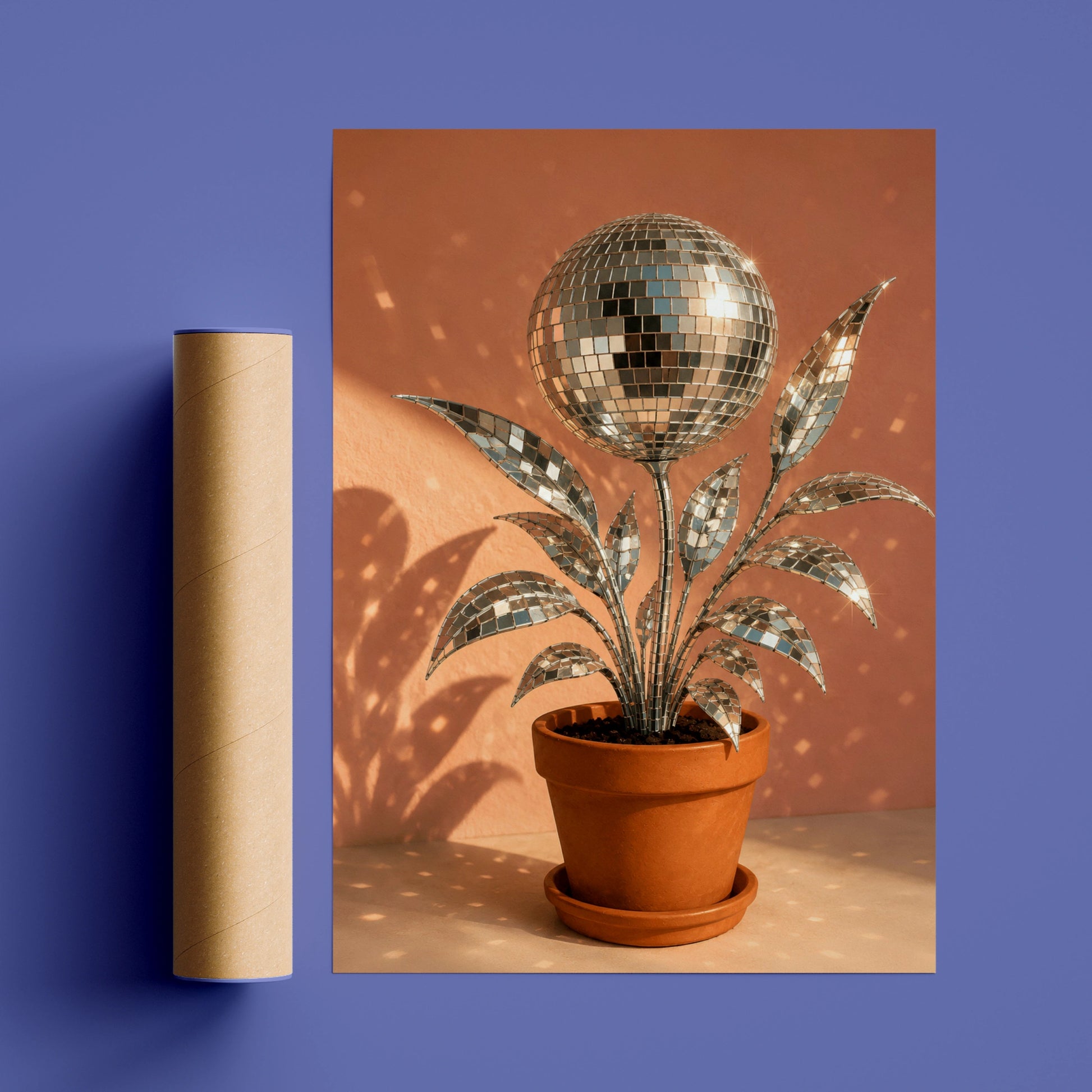 Silver disco ball plant in a terracotta pot against a warm pink background