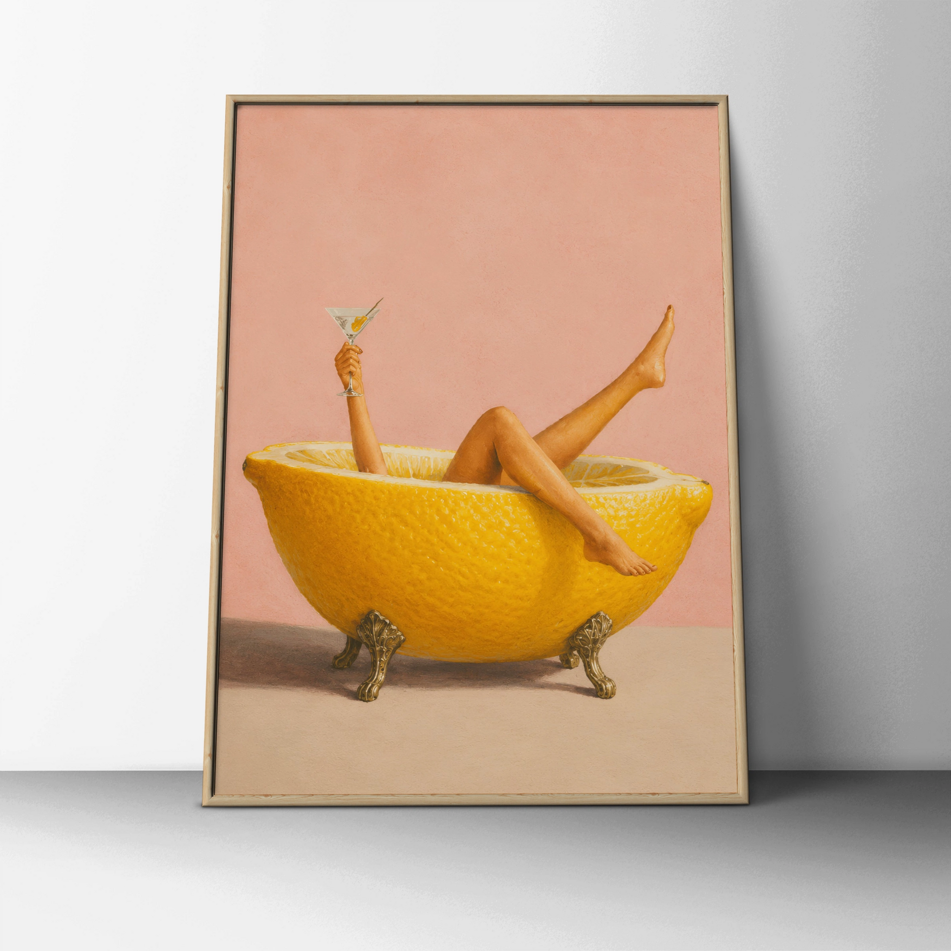 Woman relaxing in a giant lemon bath with a martini on a pink background