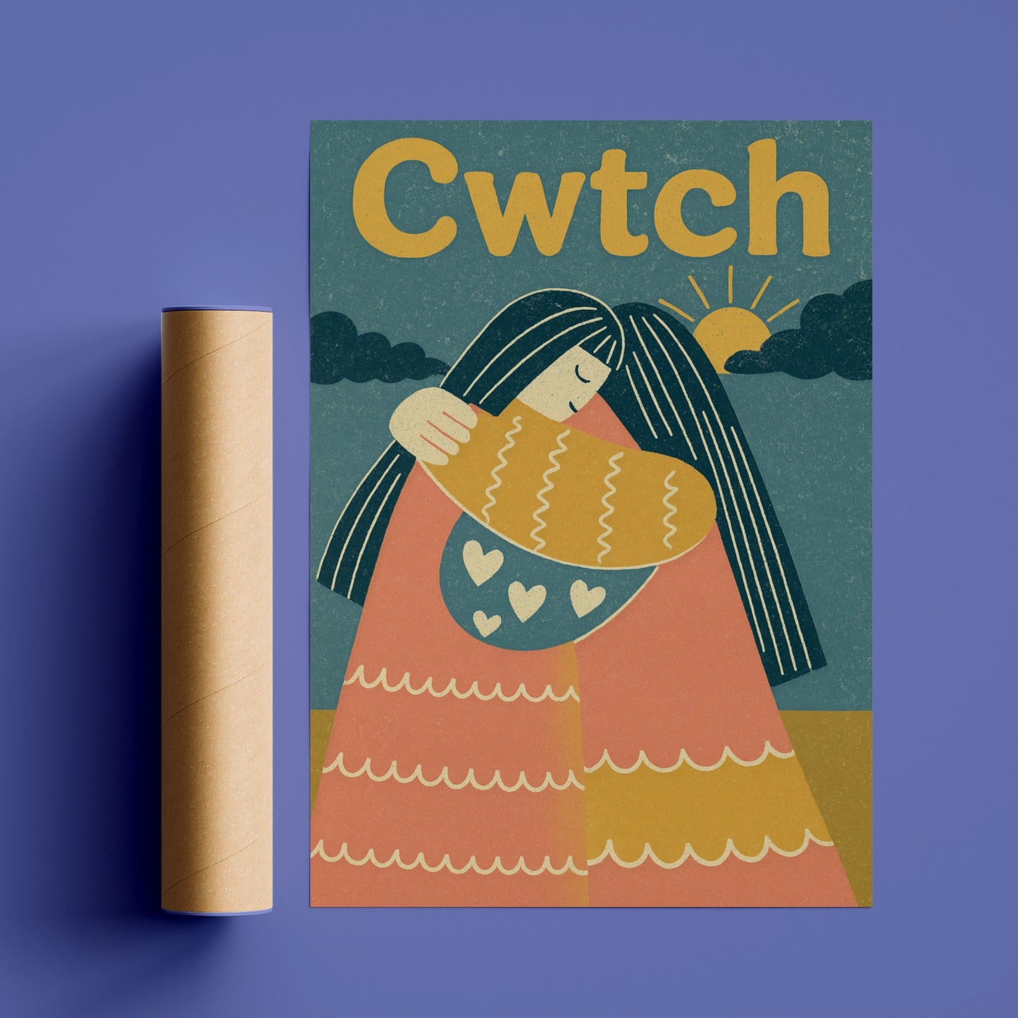 Cwtch Welsh Hug Poster, Wales Wall Art, Retro Friends Embrace Print, Gift