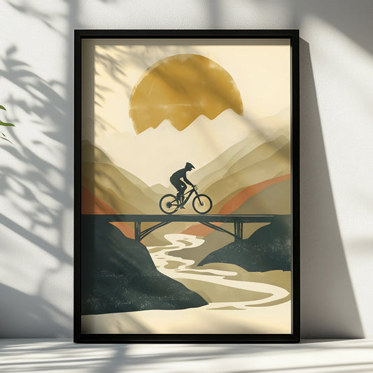 Mountain Bike Poster, MTB Wall Art, Cycling Print, Retro Sun Bridge Landscape Gift