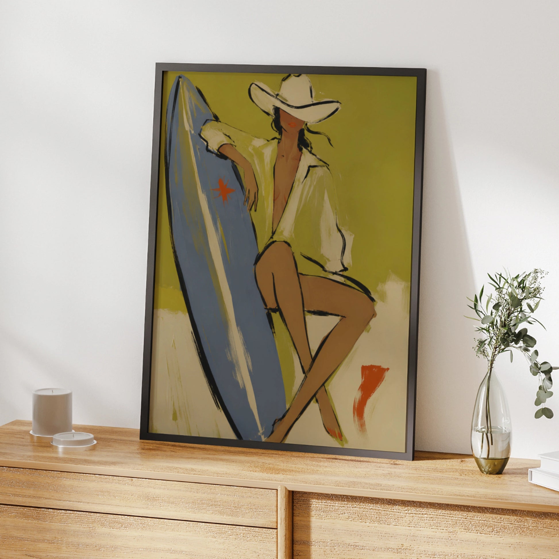 Cowgirl surfer poster with white cowboy hat, blue surfboard and olive-green background