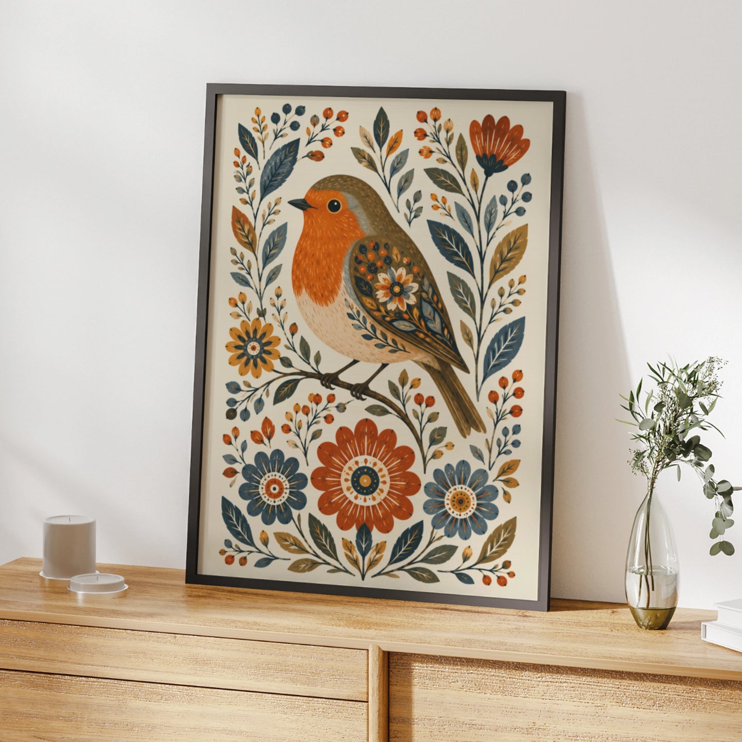 Folk Robin Poster, Floral Bird Wall Art, Scandinavian Style Print, Nature Home Decor
