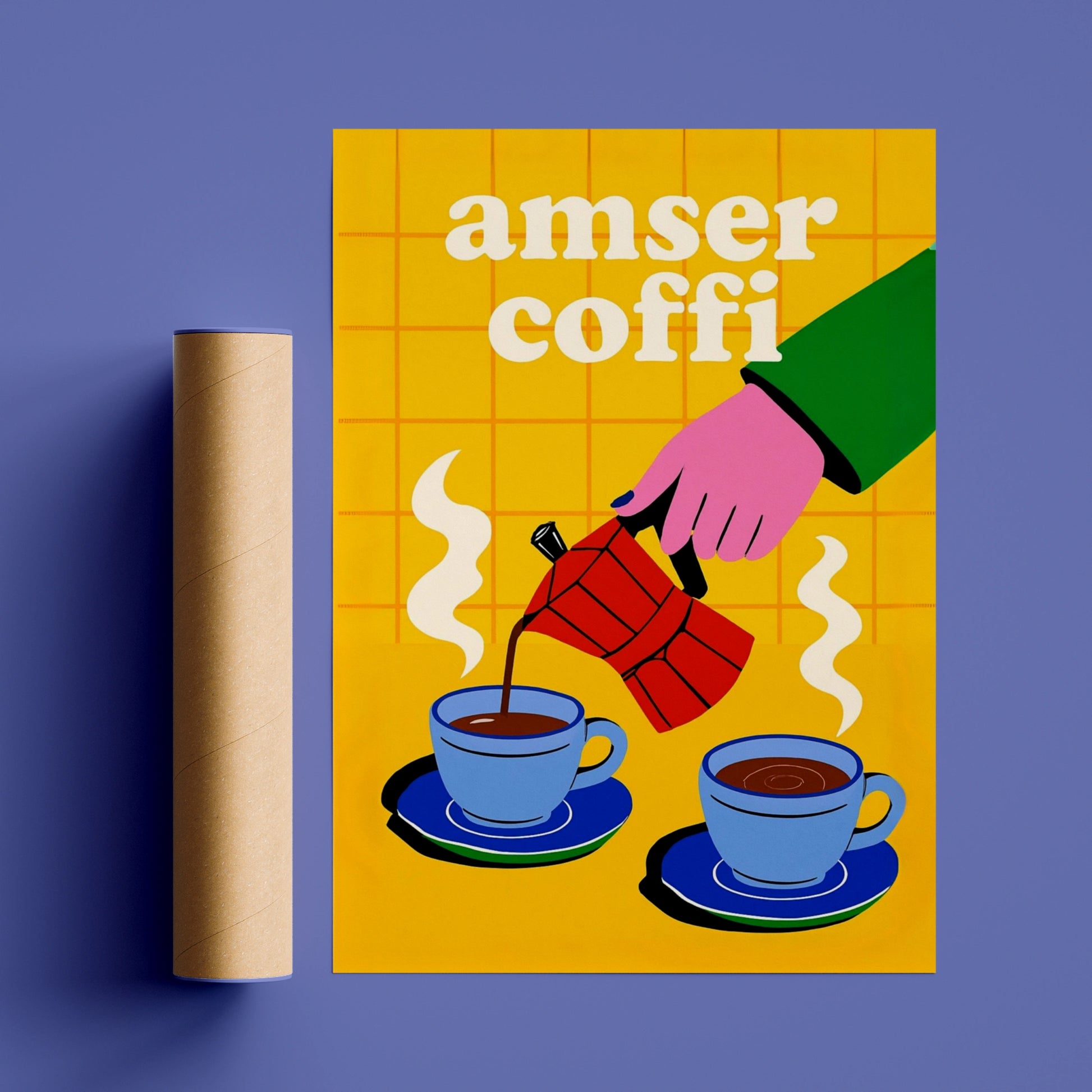 Amser Coffi Welsh Coffee Time Poster, Wales Wall Art, Bold Retro Kitchen Print