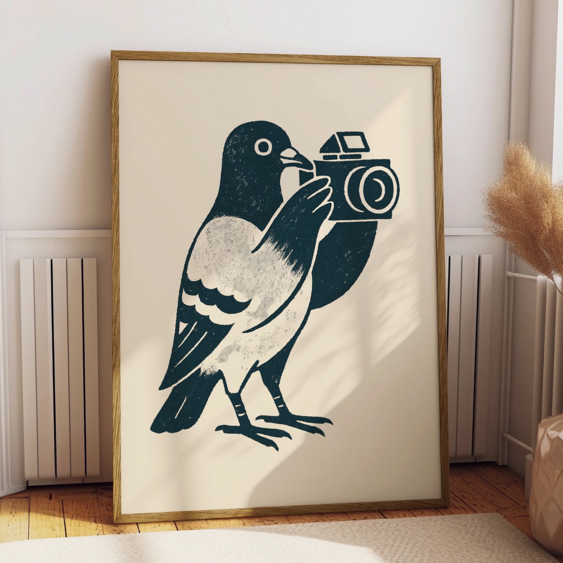 Pigeon camera poster in textured navy linework on a warm cream background