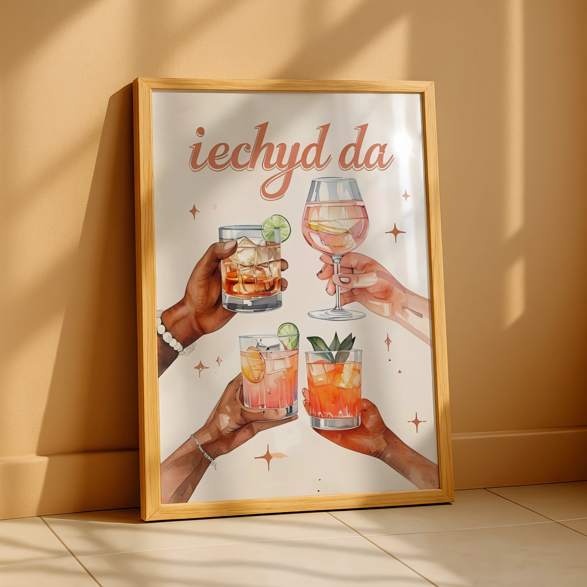 Iechyd Da Welsh Cheers Cocktail Poster, Wales Bar Wall Art, Drinks Print Gift