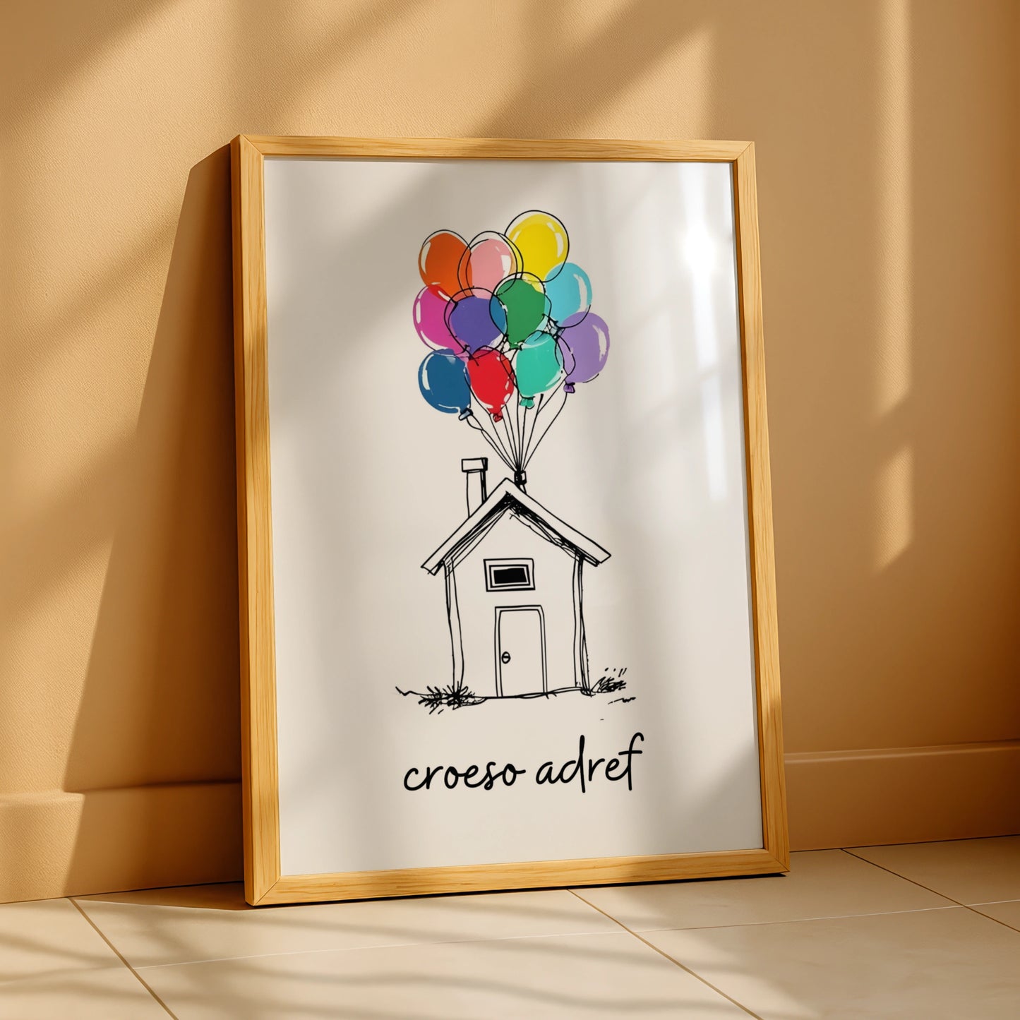Croeso Adref Welsh Welcome Home Poster, Wales New Home Wall Art, Colourful Balloons Print