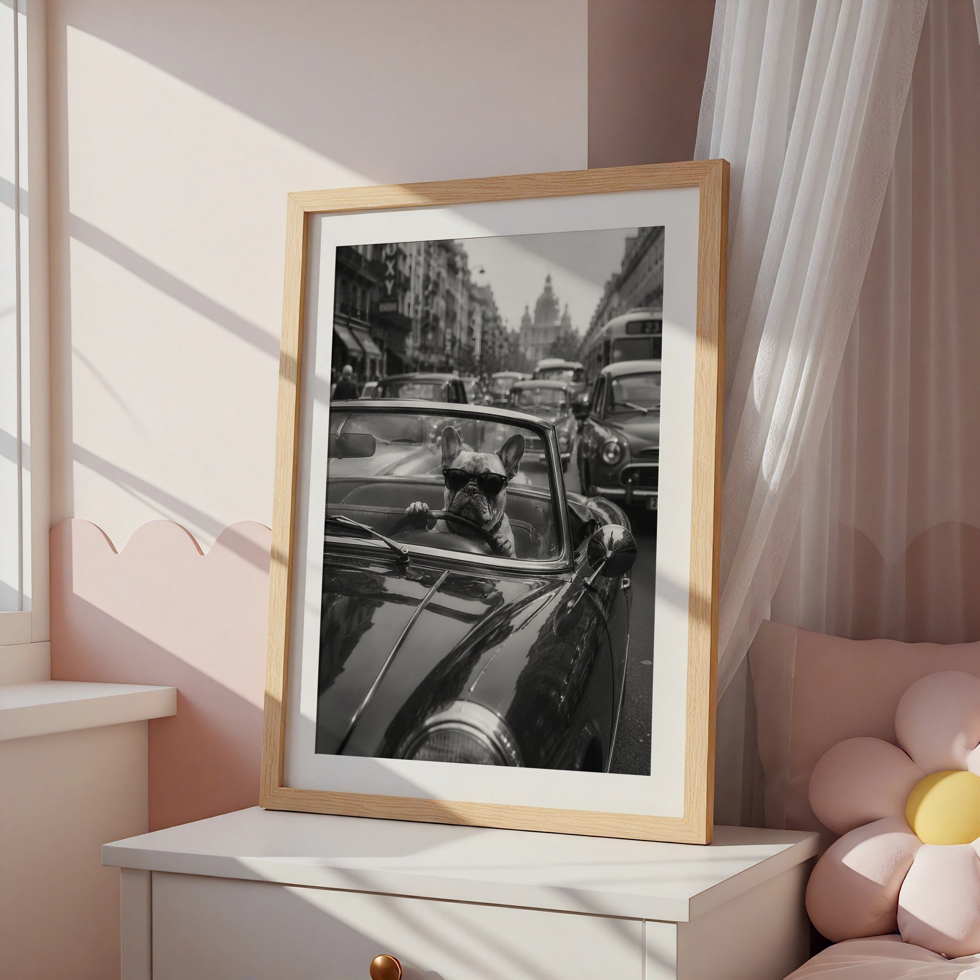 French Bulldog Driving Classic Car Poster, Funny Dog Wall Art, Black and White Print