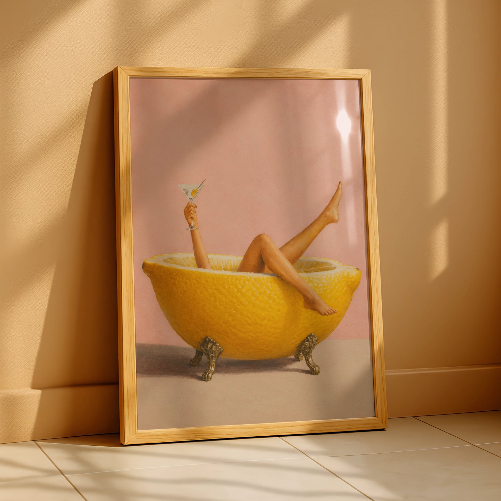 Woman relaxing in a giant lemon bath with a martini on a pink background