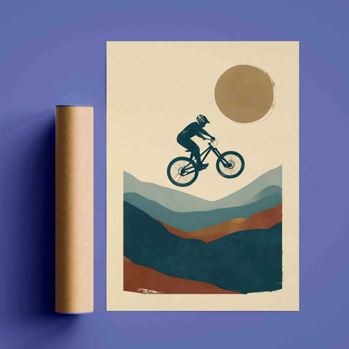 Mountain Bike Jump Poster, MTB Wall Art, Minimalist Cycling Print, Teal Terracotta Retro