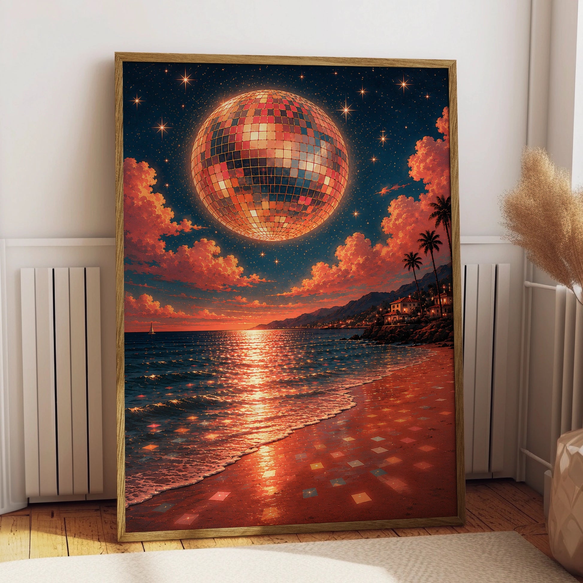 Surreal disco ball moon above a teal and coral coastal beach at sunset