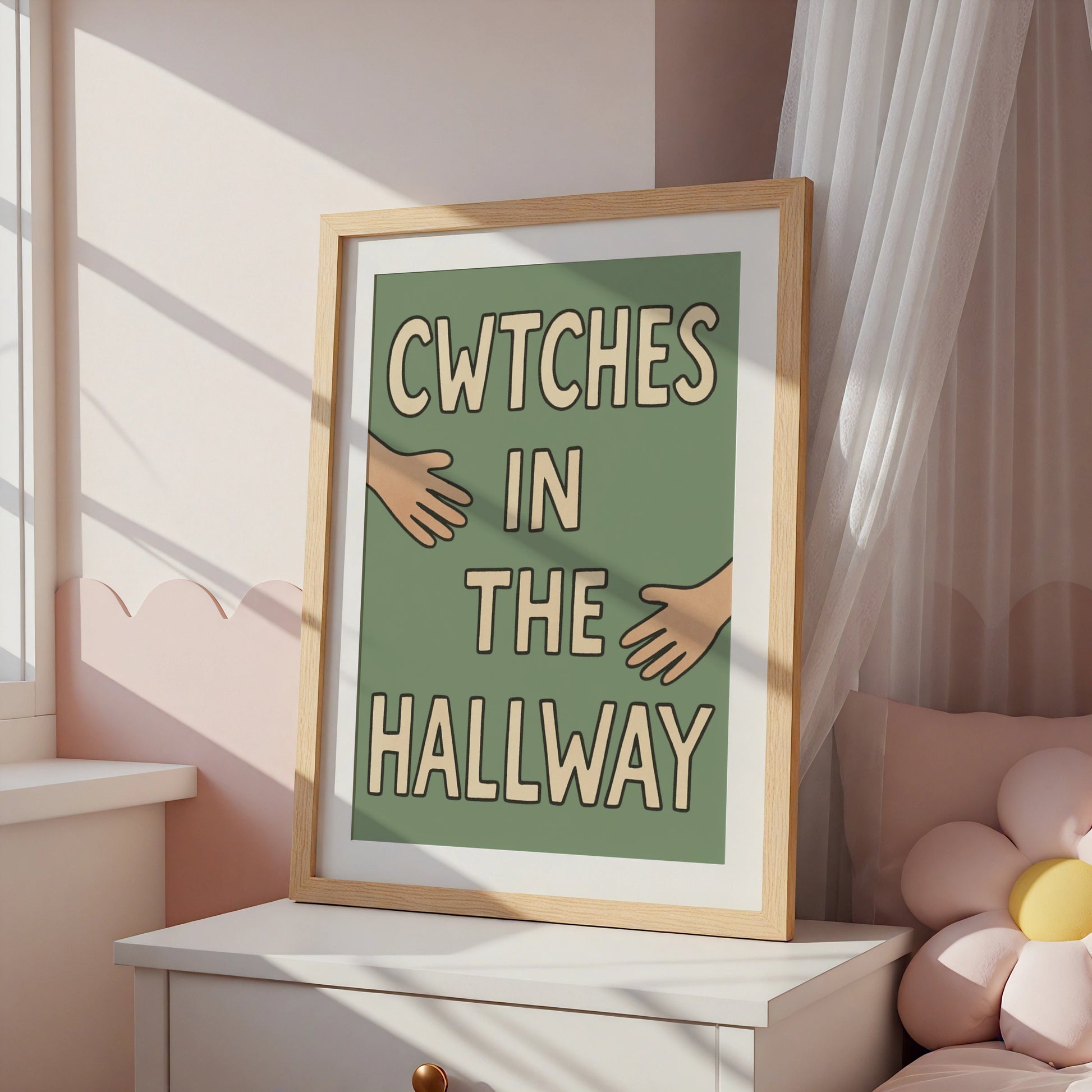 Cwtches In The Hallway Welsh Slang Poster, Wales Wall Art, Sage Green Hug Print