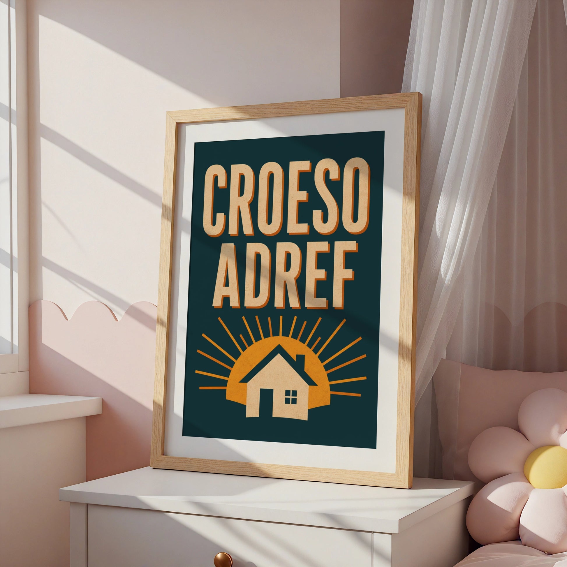 Croeso Adref Welsh Welcome Home Poster, Wales Retro Wall Art Print, Teal Gold