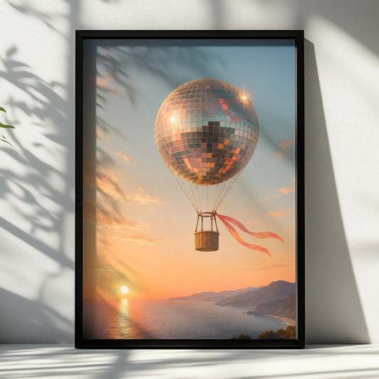 Disco ball hot-air balloon floating above a peach and pink coastal sunset