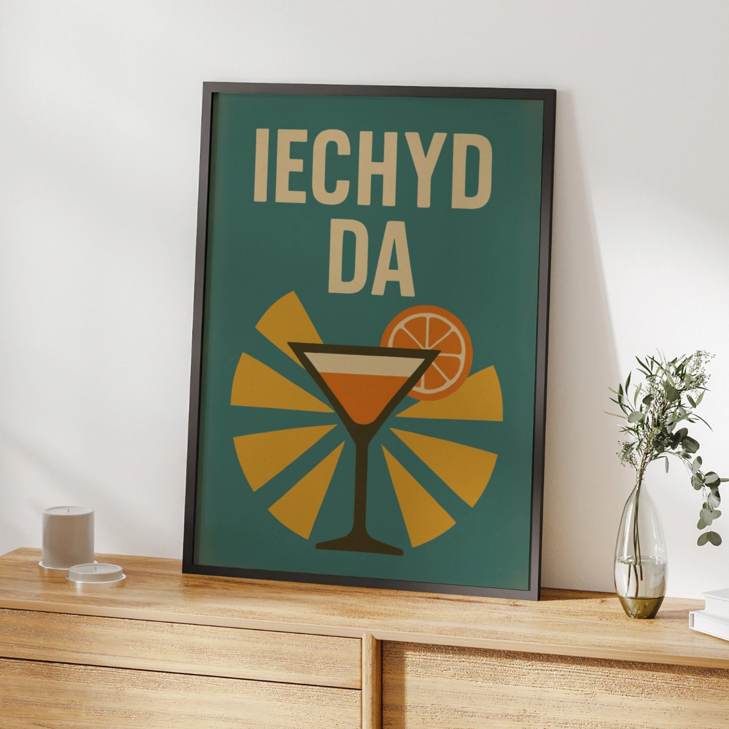 Iechyd Da Welsh Cocktail Poster, Wales Bar Wall Art, Retro Mid-Century Print