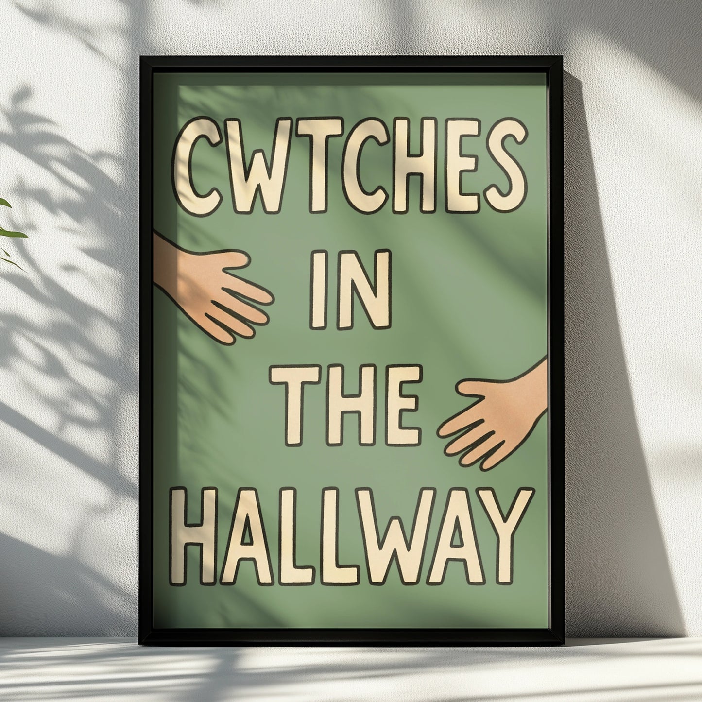 Cwtches In The Hallway Welsh Slang Poster, Wales Wall Art, Sage Green Hug Print