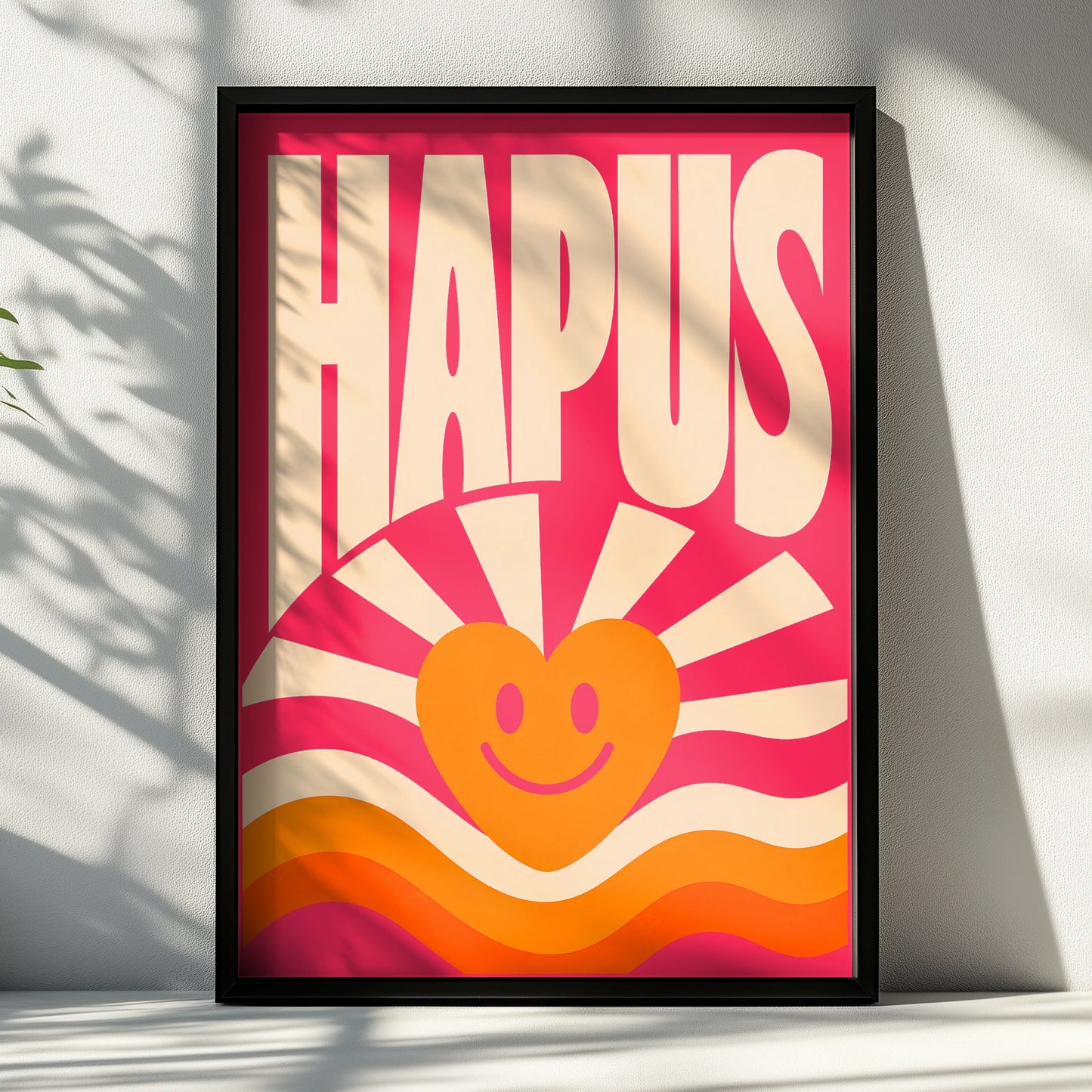 Hapus Welsh Happy Poster, Wales Retro Smiley Heart Wall Art, Pink Groovy Print