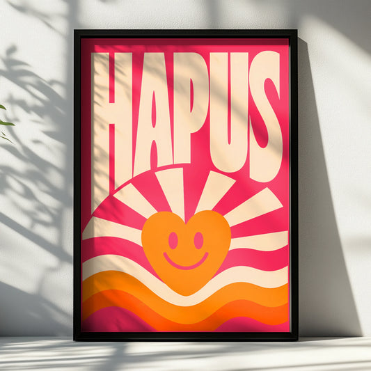 Hapus Welsh Happy Poster, Wales Retro Smiley Heart Wall Art, Pink Groovy Print