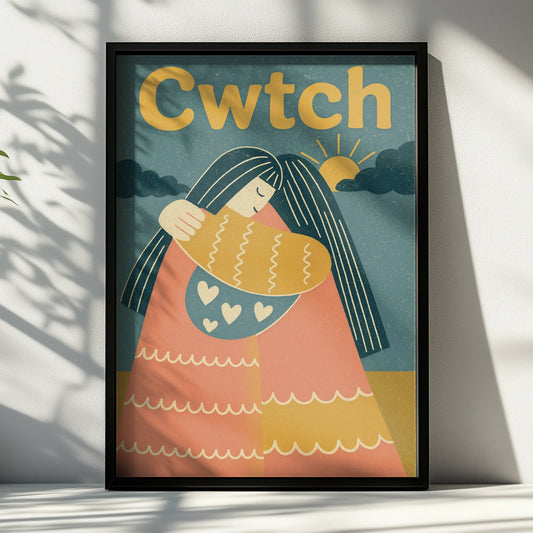 Cwtch Welsh Hug Poster, Wales Wall Art, Retro Friends Embrace Print, Gift