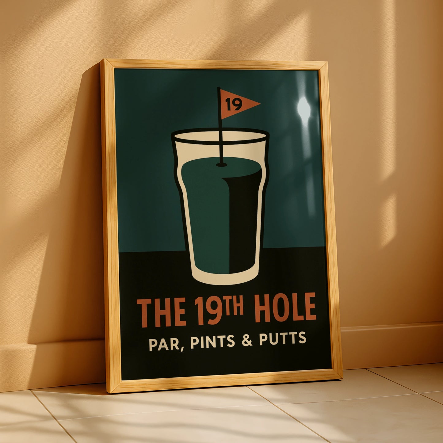 Retro 19th hole golf poster with a pint glass and flag on teal