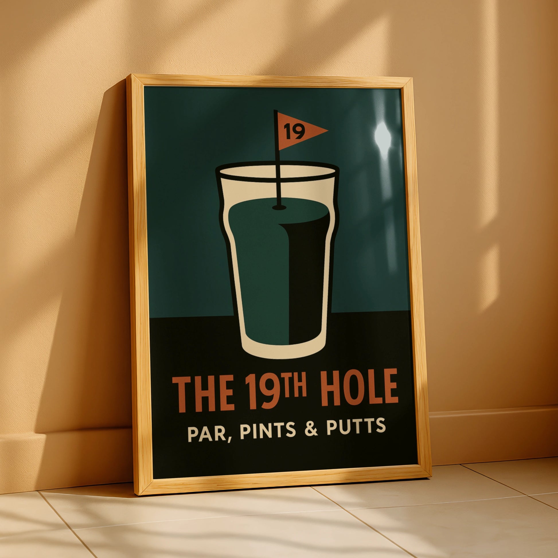 Retro 19th hole golf poster with a pint glass and flag on teal