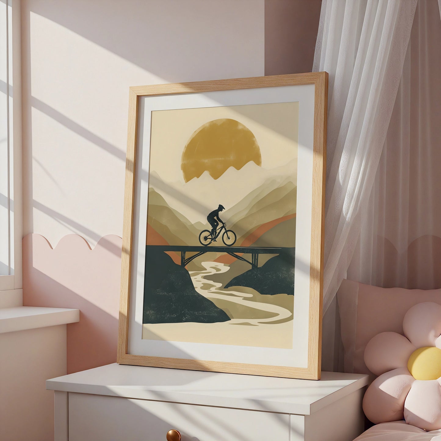 Mountain Bike Poster, MTB Wall Art, Cycling Print, Retro Sun Bridge Landscape Gift