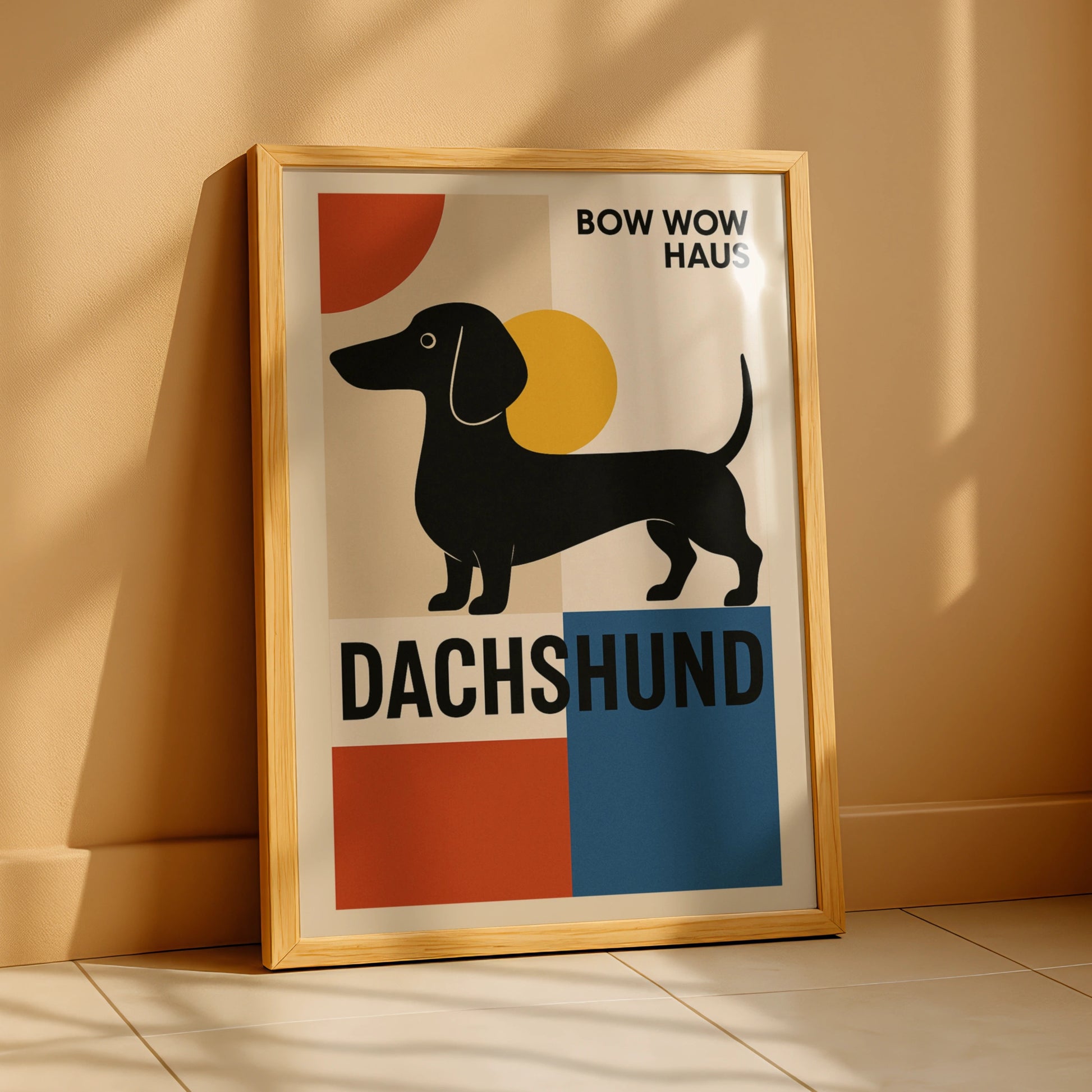 Dachshund Poster, Bauhaus Dog Wall Art, Sausage Dog Print, Retro Geometric Dog Lover Gift