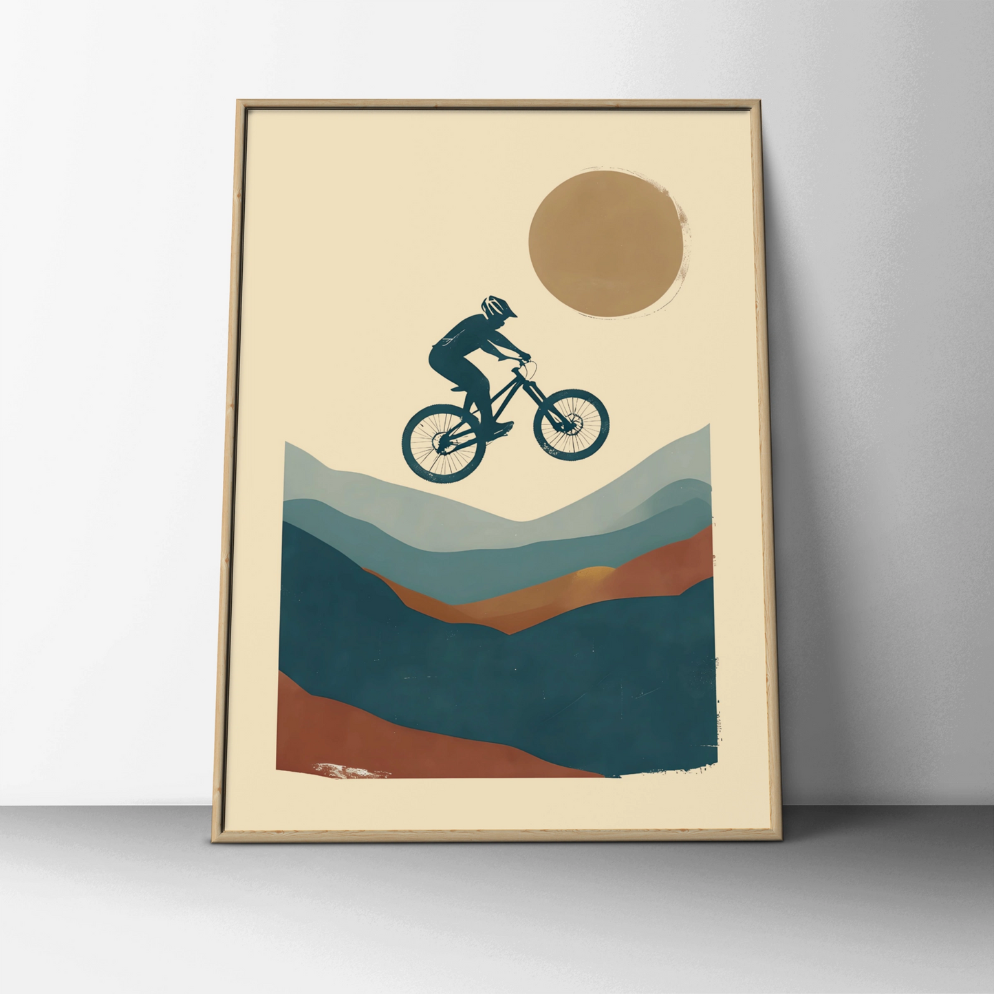 Mountain Bike Jump Poster, MTB Wall Art, Minimalist Cycling Print, Teal Terracotta Retro