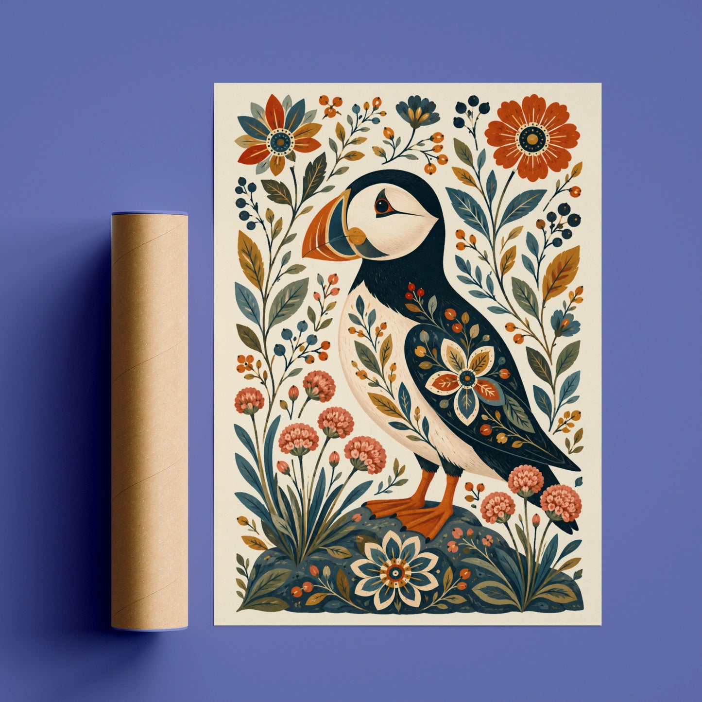 Folk Art Puffin Poster, Floral Bird Wall Art, Botanical Nordic Print, Nature Lover Gift