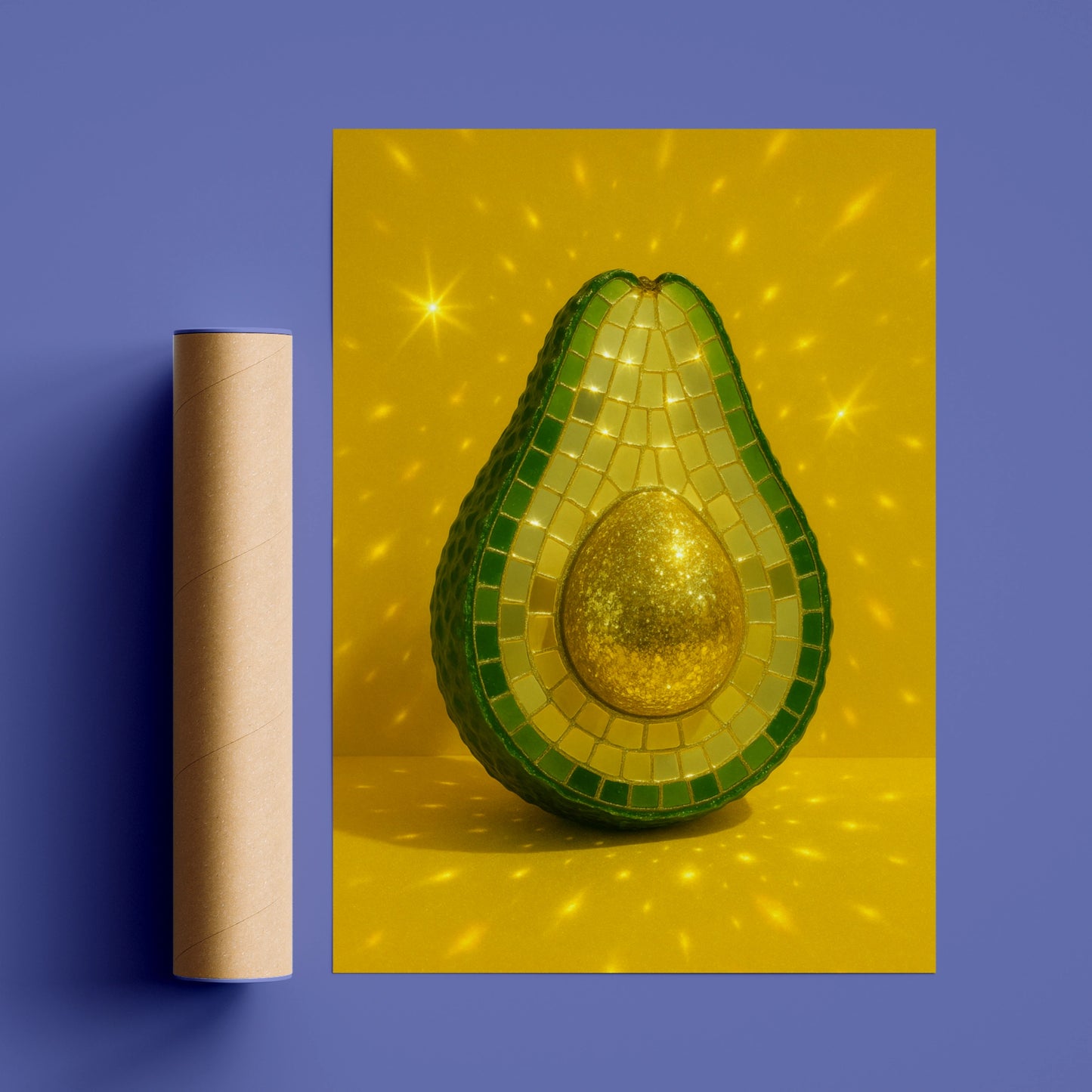 Mosaic disco avocado with a gold stone on a bright yellow background
