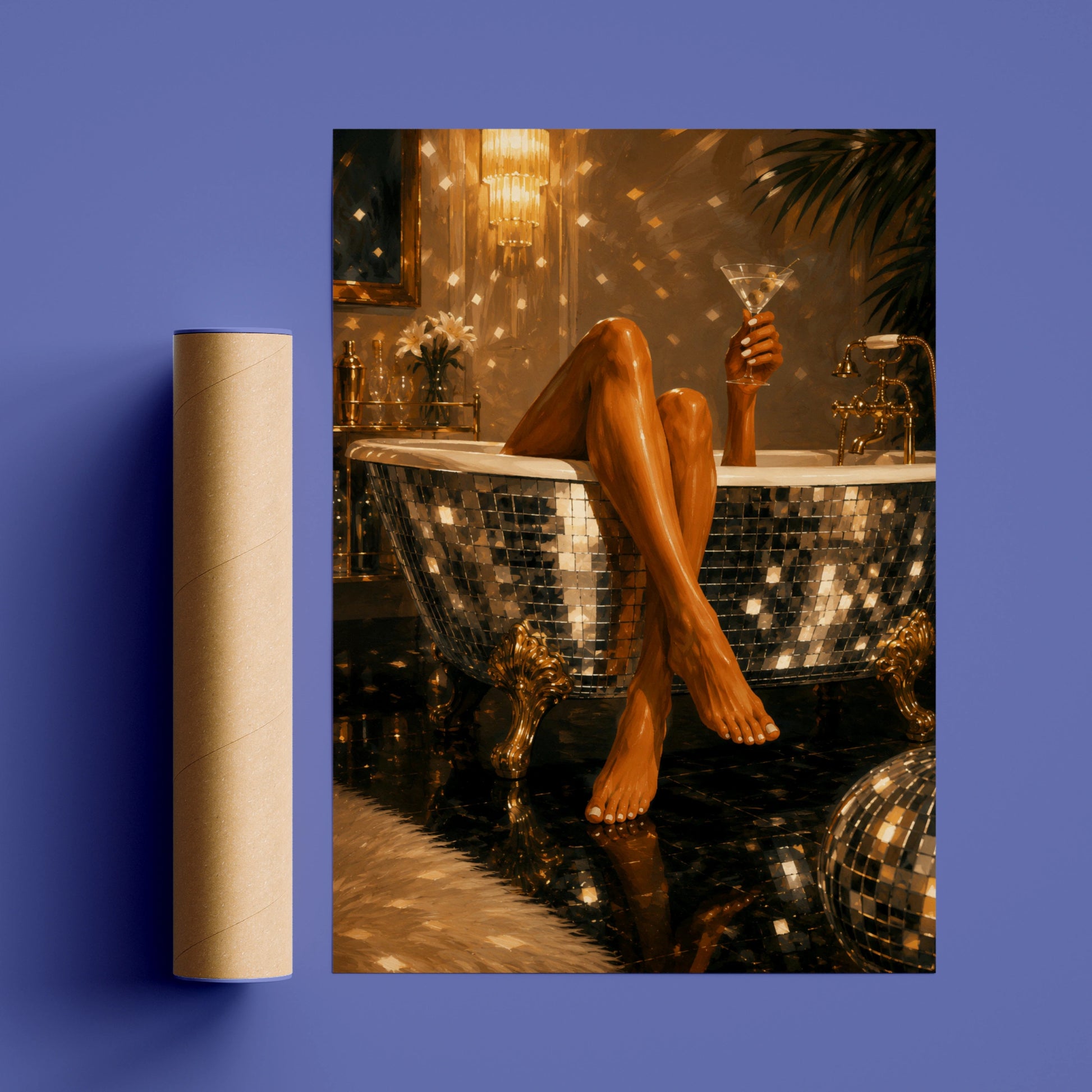 Glamorous woman holding a martini in a mirrored bath with gold decor