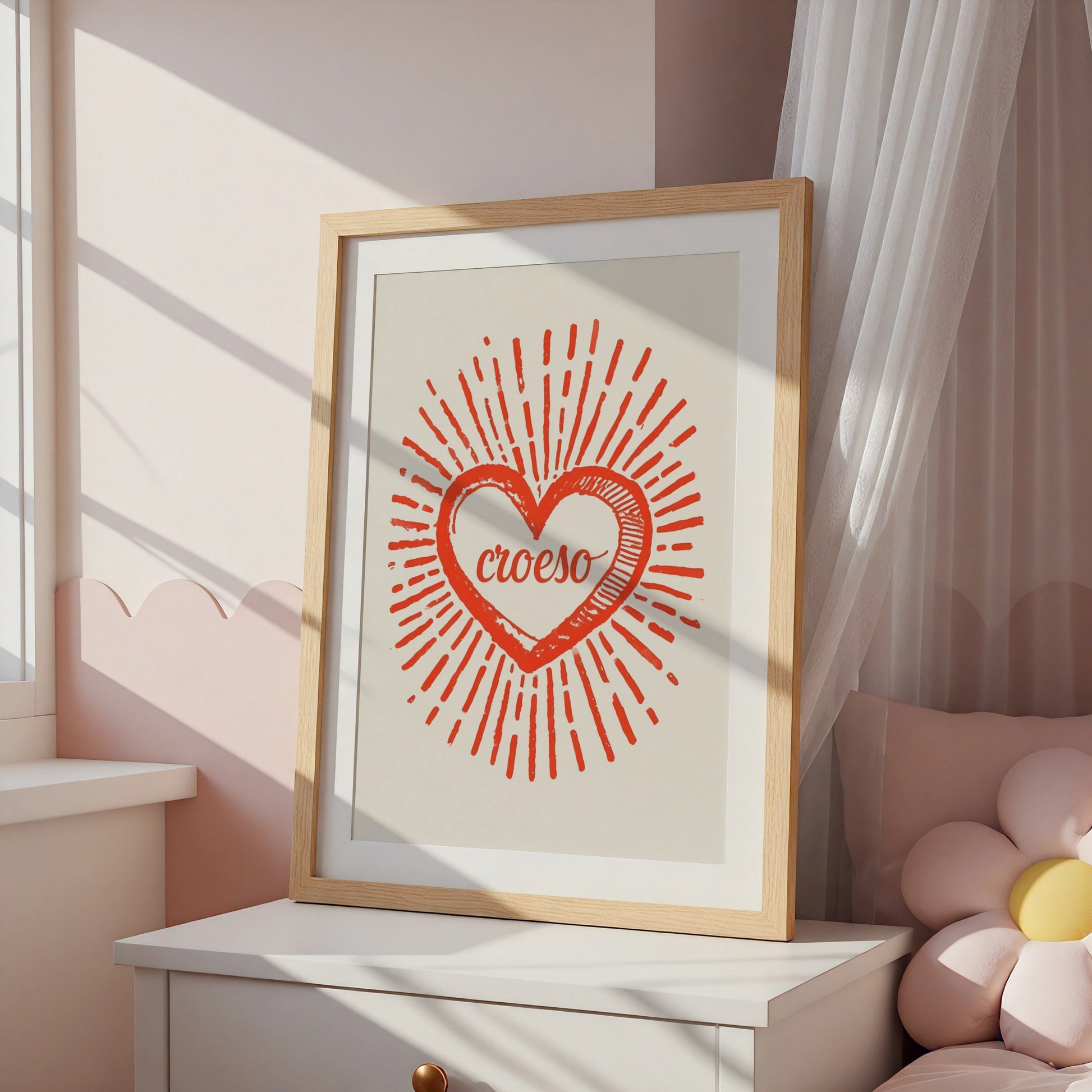Croeso Welsh Welcome Heart Poster, Wales Wall Art, Red Retro Sun Ray Print