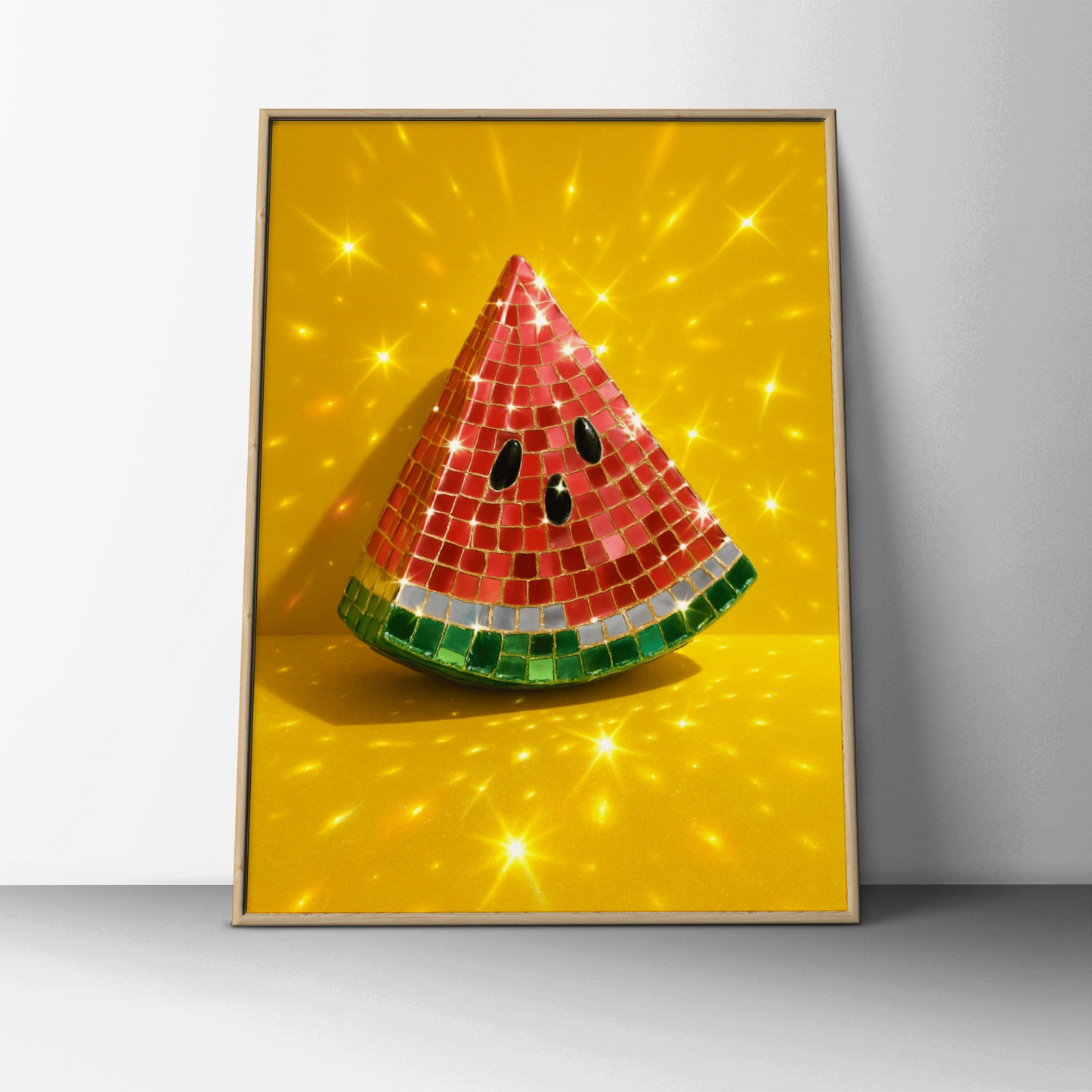 Disco ball watermelon slice on a bright yellow background with sparkles