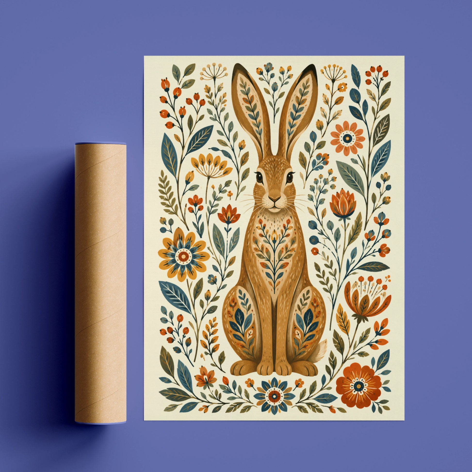 Folk Hare Poster, Floral Rabbit Wall Art, Botanical Folk Art Print, Wilderkind Nature Decor