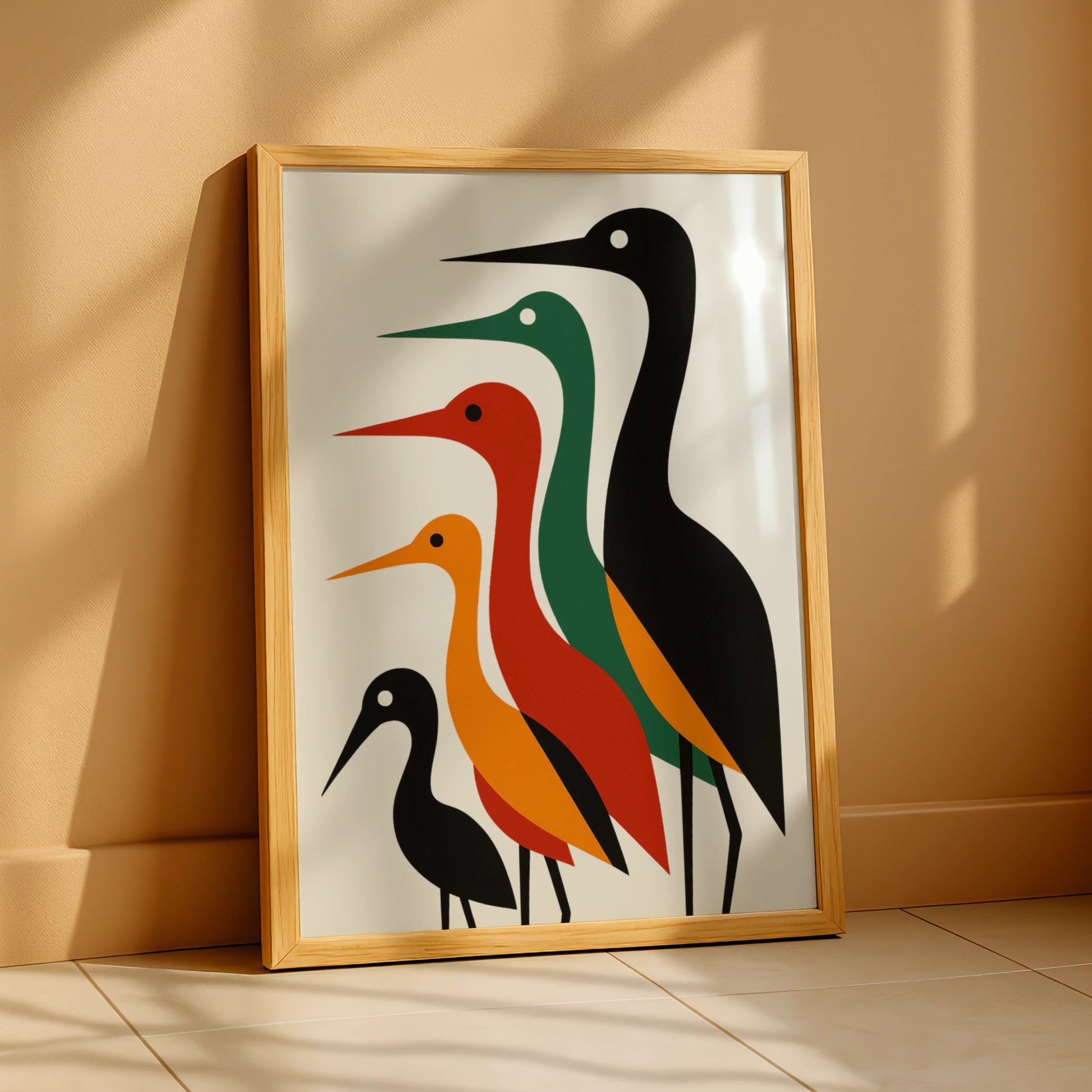 Geometric Bird Poster, Mid-Century Modern Heron Wall Art, Bold Colourful Nature Print