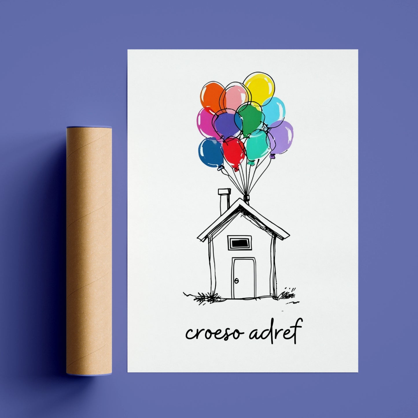 Croeso Adref Welsh Welcome Home Poster, Wales New Home Wall Art, Colourful Balloons Print