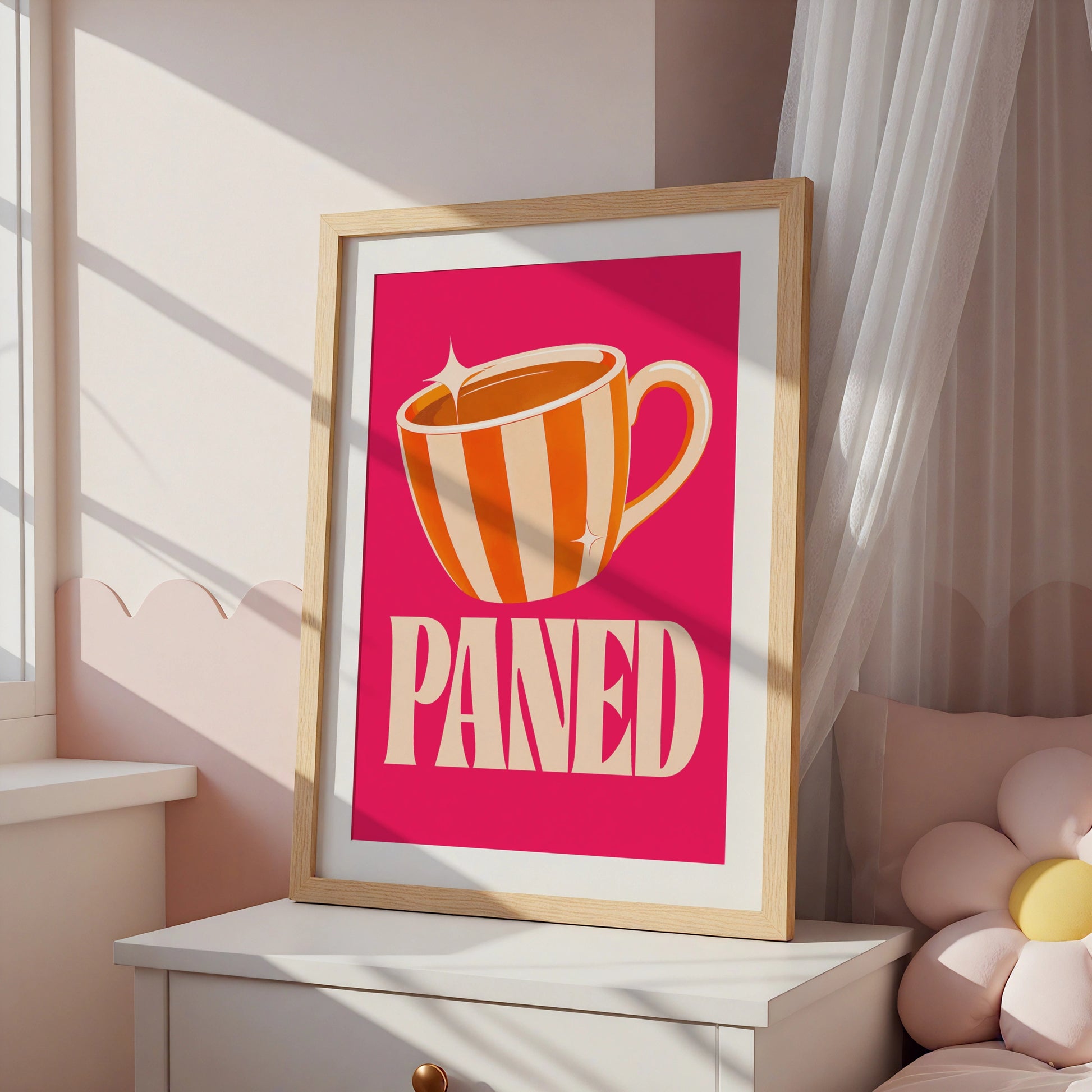 Paned Welsh Tea Cup Poster, Wales Wall Art, Retro Pink Orange Kitchen Print