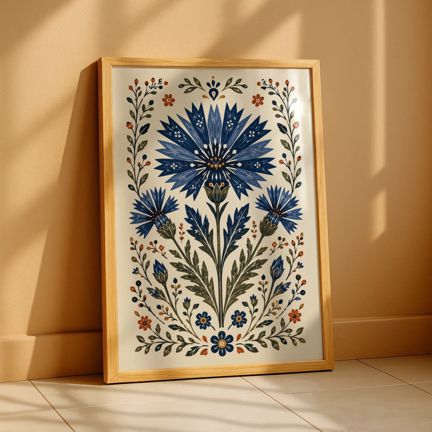 Folk Cornflower Poster, Blue Floral Wall Art, Botanical Folk Art Print, Wildflower Home Decor