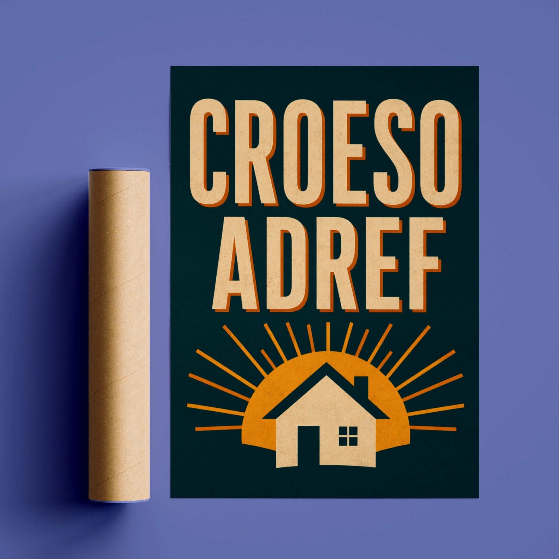 Croeso Adref Welsh Welcome Home Poster, Wales Retro Wall Art Print, Teal Gold
