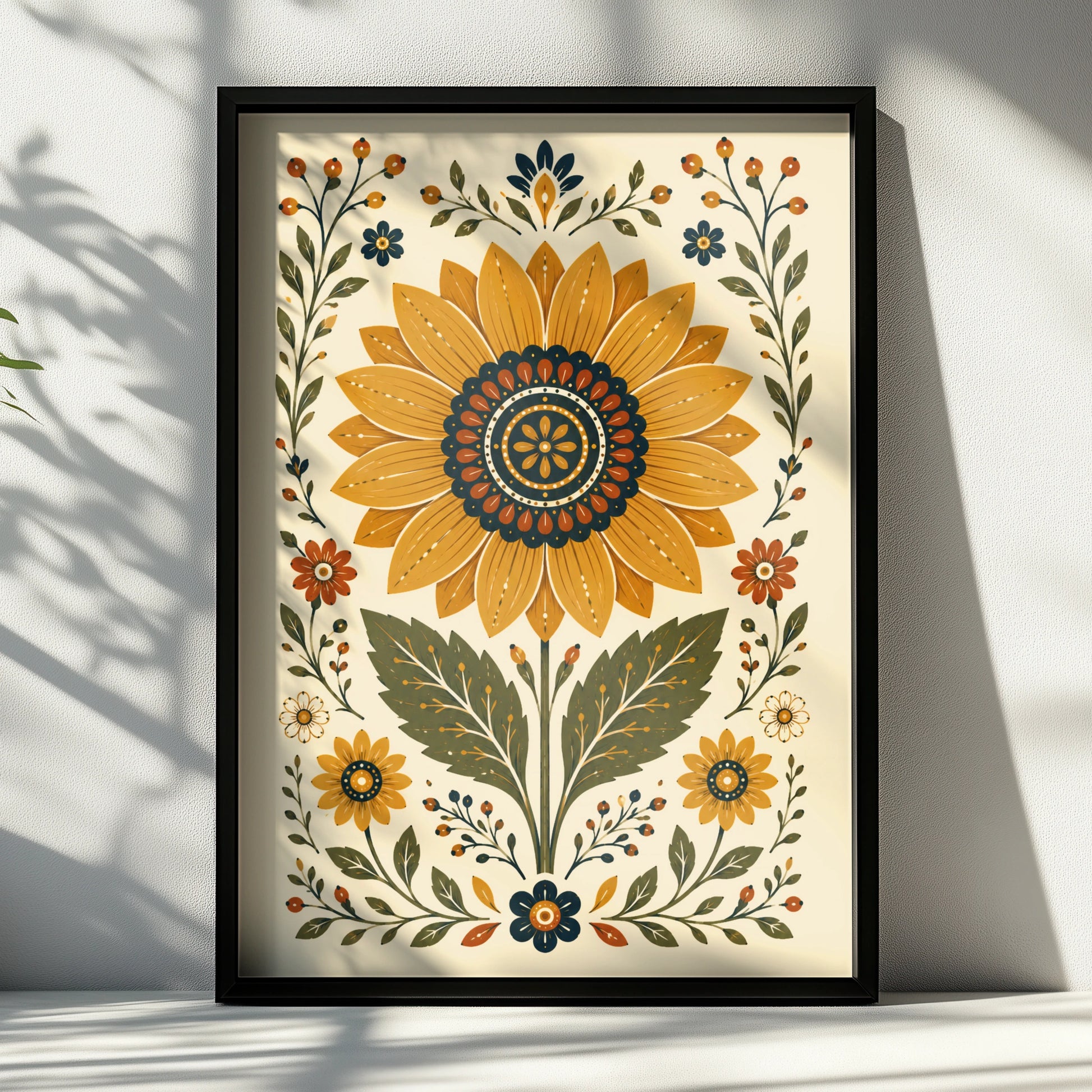 Folk Sunflower Poster, Botanical Floral Wall Art, Mustard Navy Vintage Print, Wilderkind