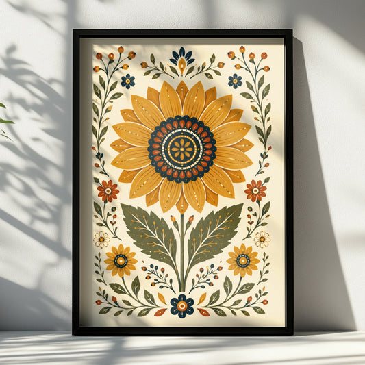 Folk Sunflower Poster, Botanical Floral Wall Art, Mustard Navy Vintage Print, Wilderkind