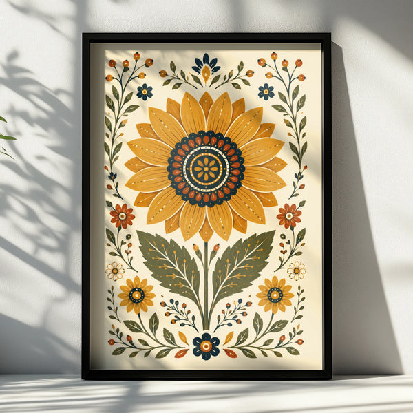 Folk Sunflower Poster, Botanical Floral Wall Art, Mustard Navy Vintage Print, Wilderkind